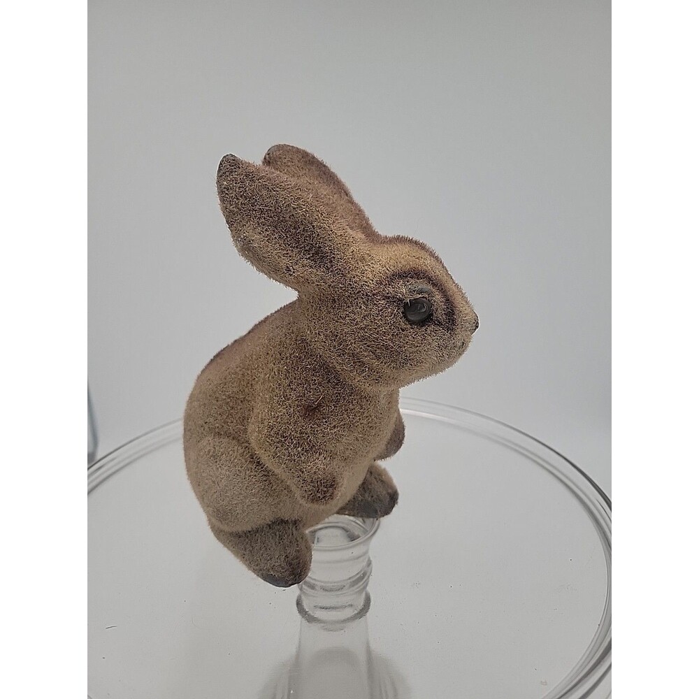 Vintage Felted Bunny Rabbit Animal Bank 6 Inch Hong Kong Brown Flocked Plastic